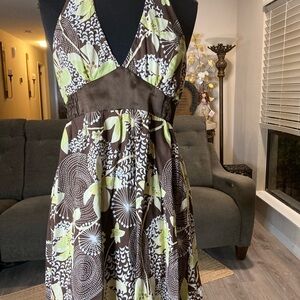 Wet Seal Floral Halter Sundress Brown Green Smocked Back Size Large